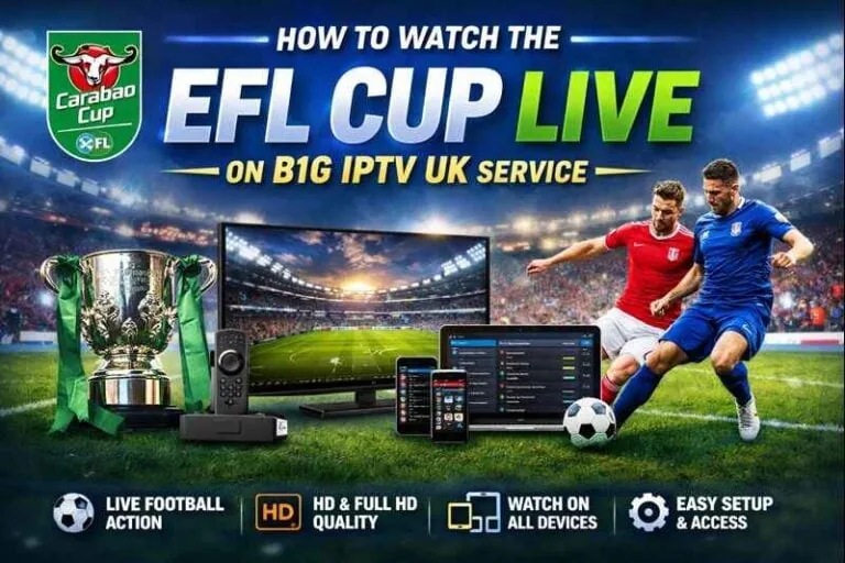 The Carabao Cup trophy and two footballers competing for the ball, beside a TV, laptop, tablet and phone all streaming the match.