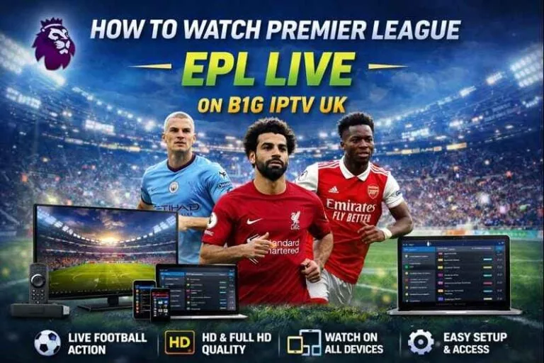 The Premier League logo above three footballers in Manchester City, Liverpool and Arsenal kits, beside a monitor, tablet, phone and laptop streaming a match.