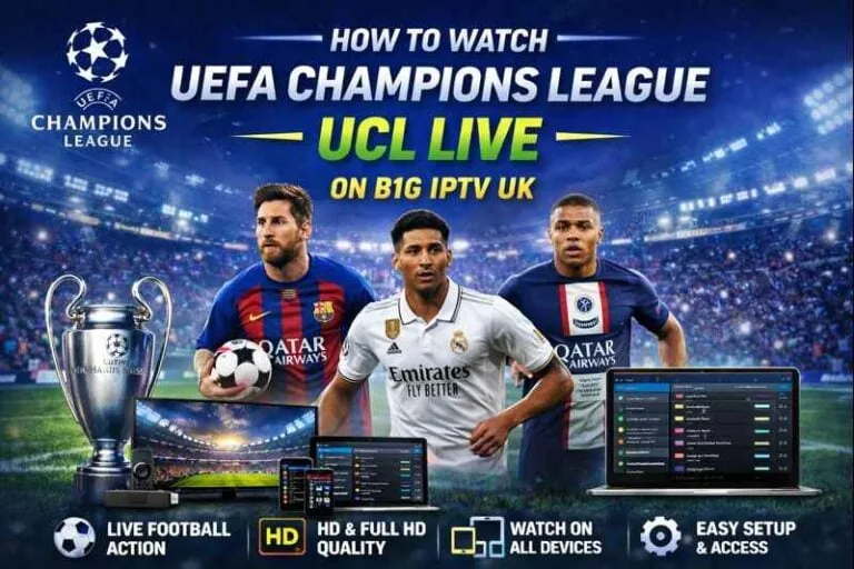 The UEFA Champions League trophy and starball logo with three footballers in club kits, beside a TV, tablet, phone and laptop streaming the match.