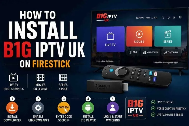 A TV showing the B1G IPTV UK home screen, above five steps: install Downloader, enable unknown apps, enter the download code, install the player and sign in.