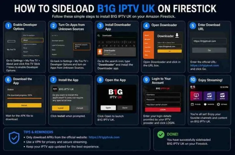 Ten numbered screenshots covering sideloading: enable developer options, allow unknown sources, install Downloader, enter the URL, install the APK and sign in.