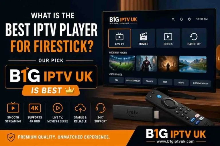 A TV running the B1G IPTV UK app with Live TV, Movies, Series and Catch Up tabs and a recently-added row, beside a Fire TV stick and remote.