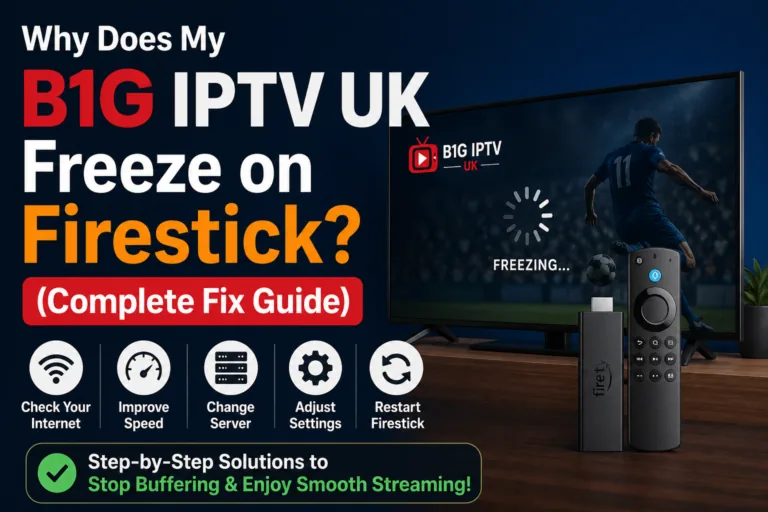 A football match frozen mid-play with a loading spinner, above five fixes: check internet, improve speed, change server, adjust settings, restart Firestick.
