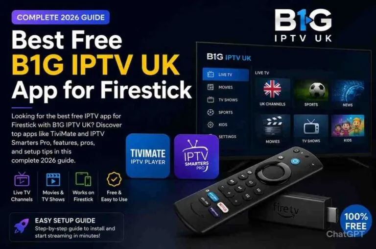 The B1G IPTV UK app on a TV showing UK Channels, Sports, News, Movies and Kids categories, with the TiviMate and IPTV Smarters Pro icons alongside.