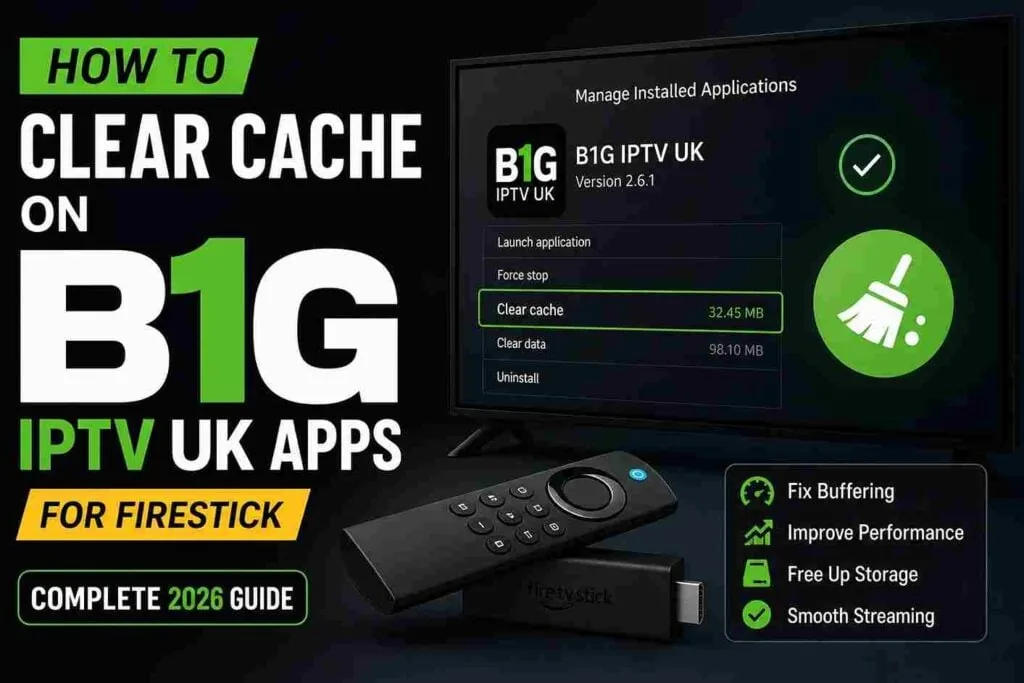 The Firestick Manage Installed Applications screen for B1G IPTV UK, with Clear cache highlighted showing 32.45 MB of cached data.