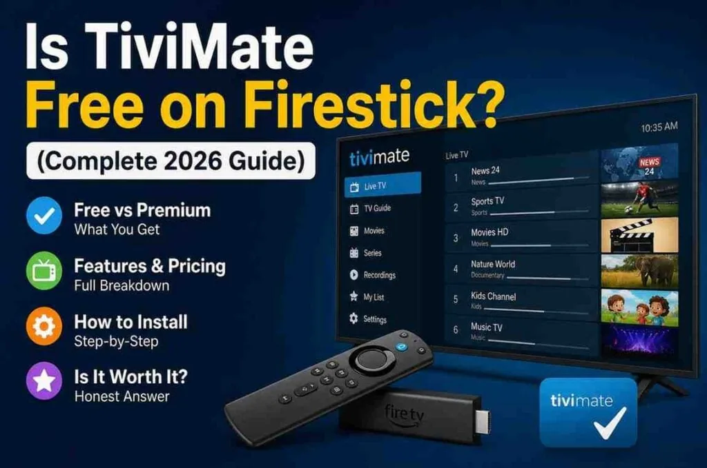 Four topics - free versus premium, features and pricing, how to install, and whether it is worth it - beside the TiviMate channel list on a TV.