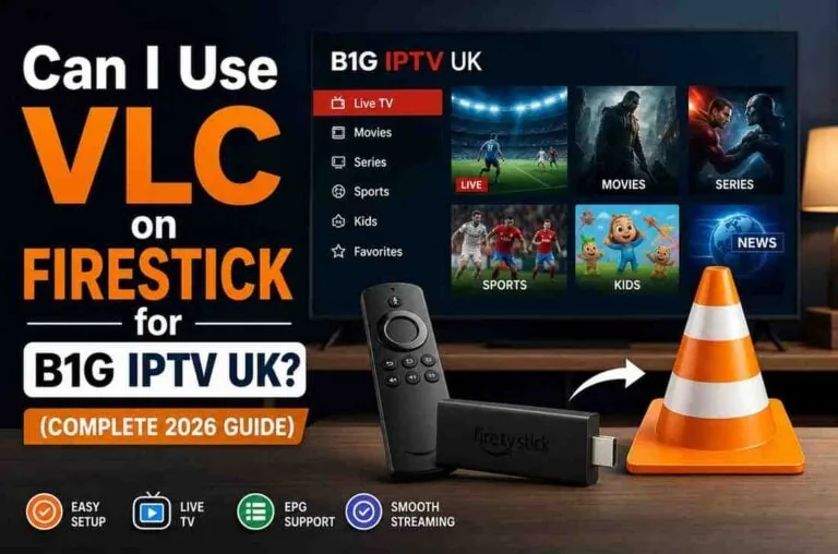 An arrow pointing from a Fire TV stick to the VLC traffic-cone logo, beside a TV showing the B1G IPTV UK Live TV, Movies and Sports tiles.