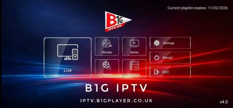 The B1G IPTV player home screen showing Live, Movies, Series, Sports and Playlist tiles alongside Settings, Reload and Exit buttons.